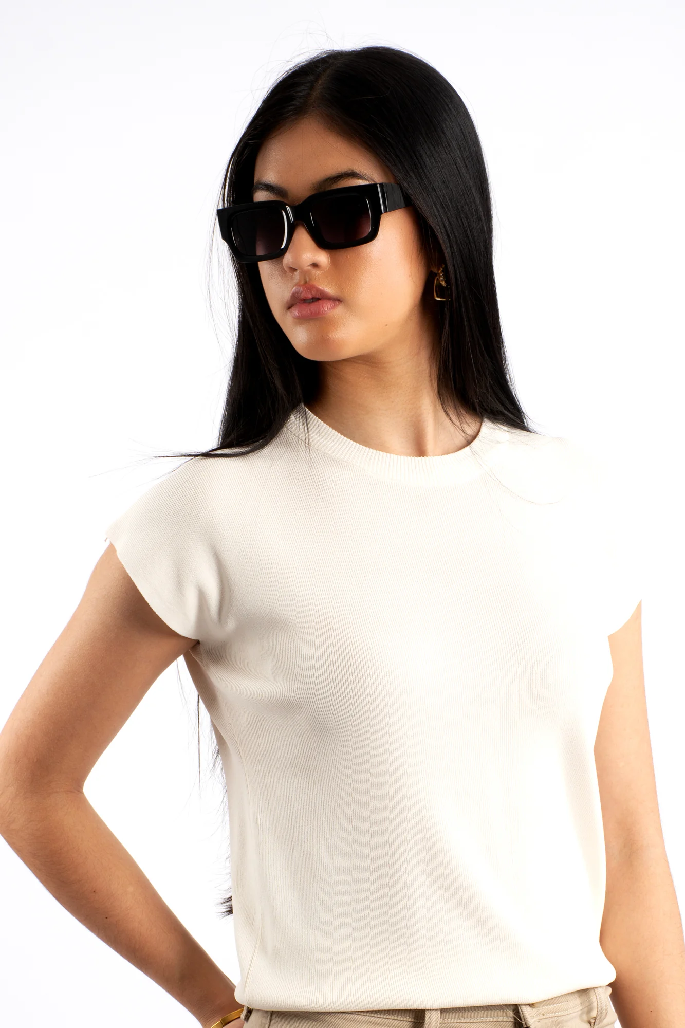 Crew Neck Cap Sleeve Top - Cream - Image 2