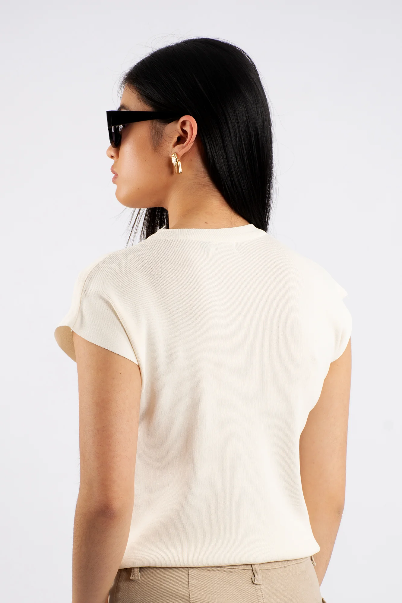 Crew Neck Cap Sleeve Top - Cream - Image 3