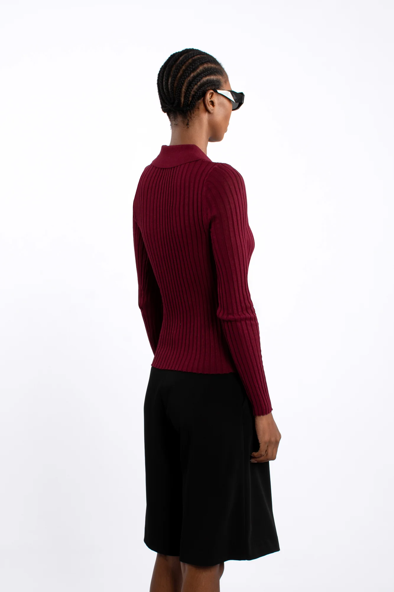 Rib Knit Polo Shirt - Burgundy - Image 3